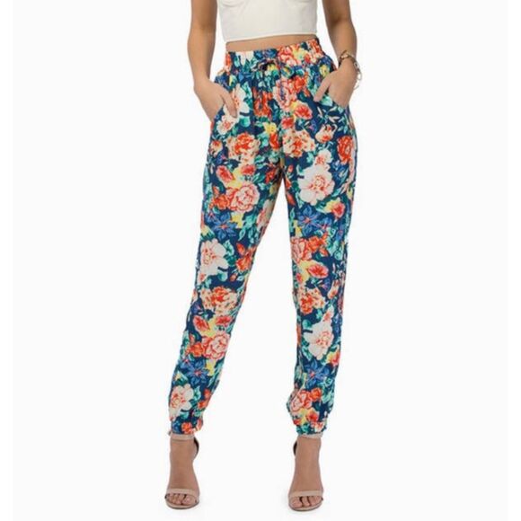 MINK PINK Womens Pants Medium Blue Floral High Waisted Tapered Jogger Pockets - Picture 1 of 10